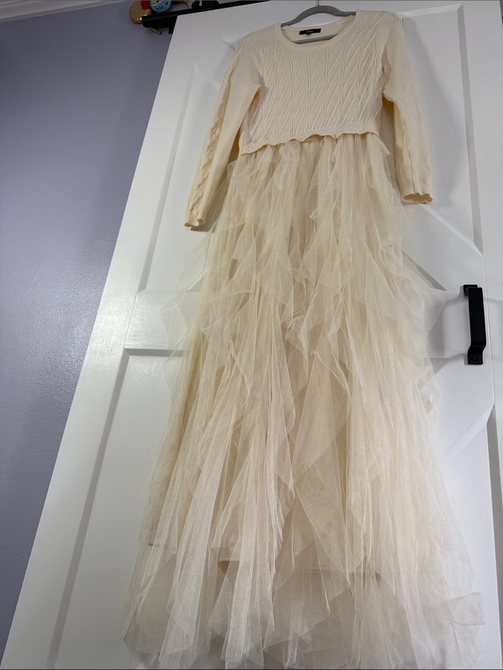 Lulu's Cream Cable Knit Top with Layered Tulle Maxi Skirt Dress - Picture 4 of 10